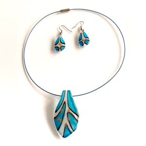 Art Glass Pendant on Blue Cord Necklace With Matching Earrings Set